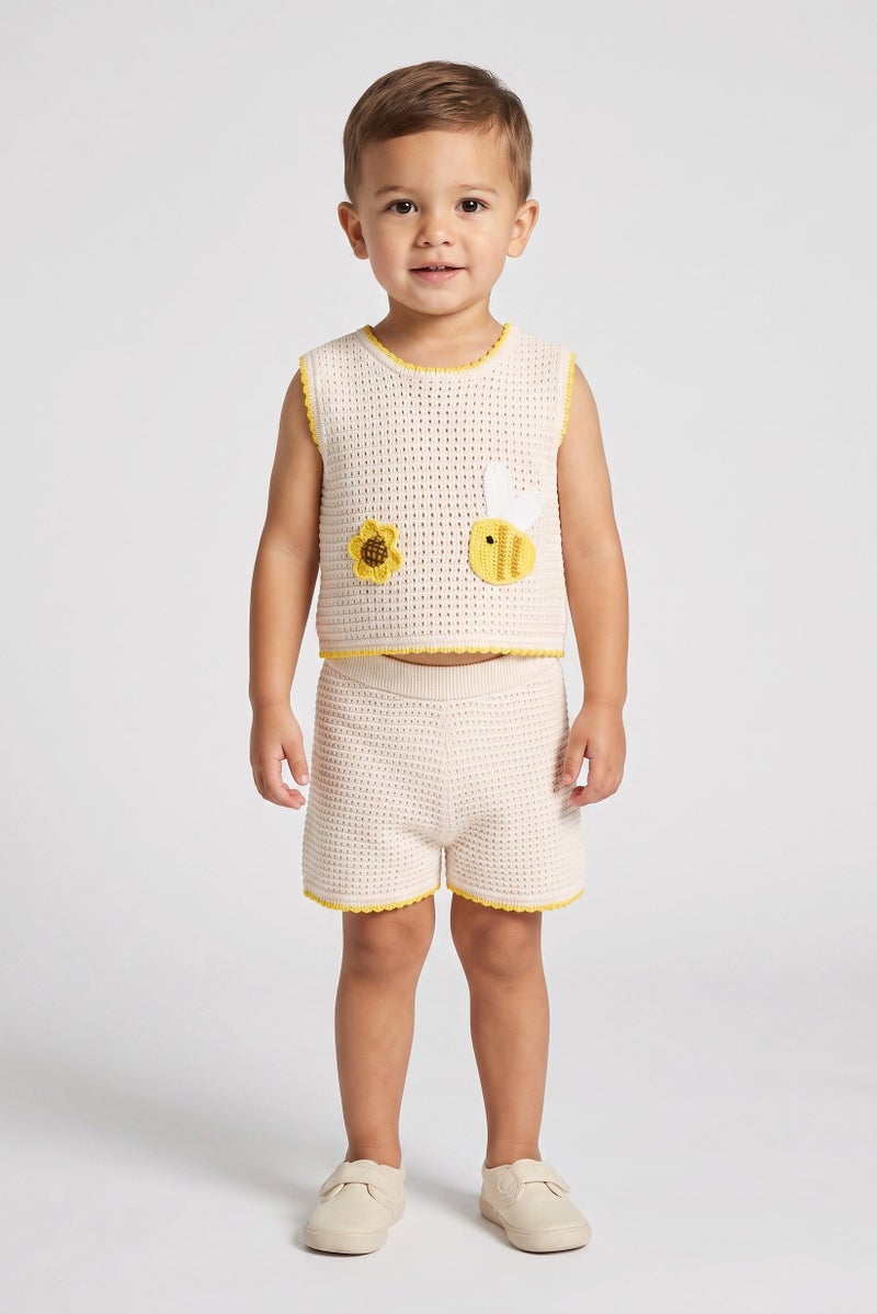 Lily & Jack Toddlers Boy 2 Pieces Knitted Shirt And Shorts Set, Cream - Image 1
