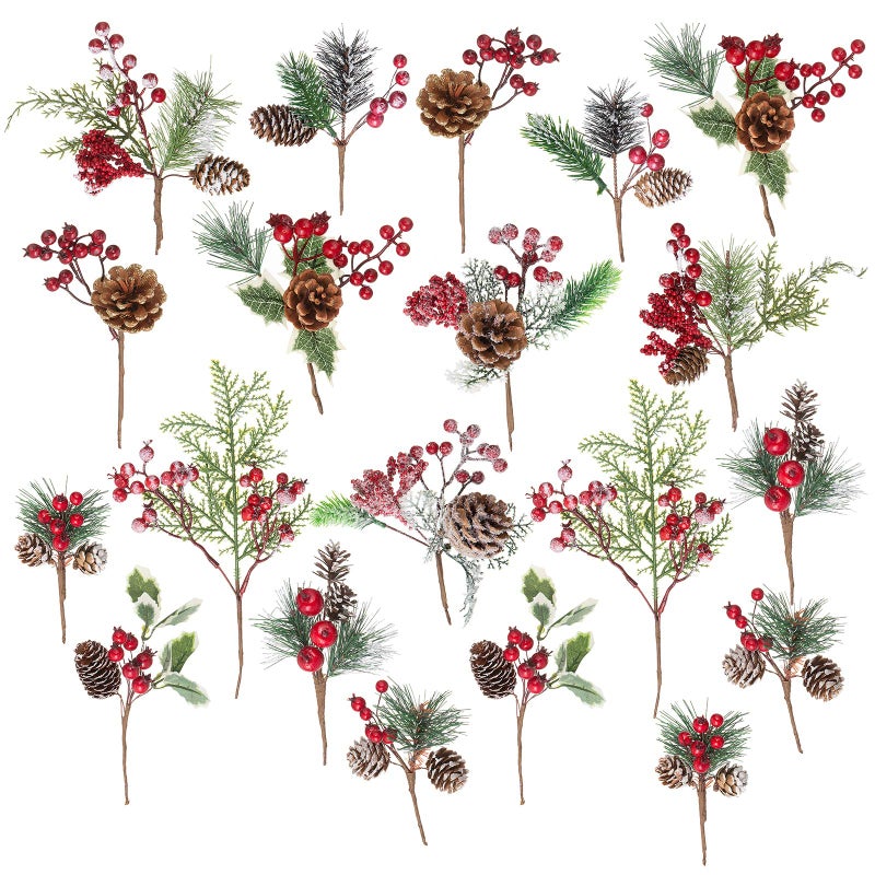 Crafare 20 Pack Artificial Christmas Tree Picks Assorted Red Berry Pine Picks Spray with Pinecones Apples Holly Leaves Winter Holiday Season D?co - Image 1