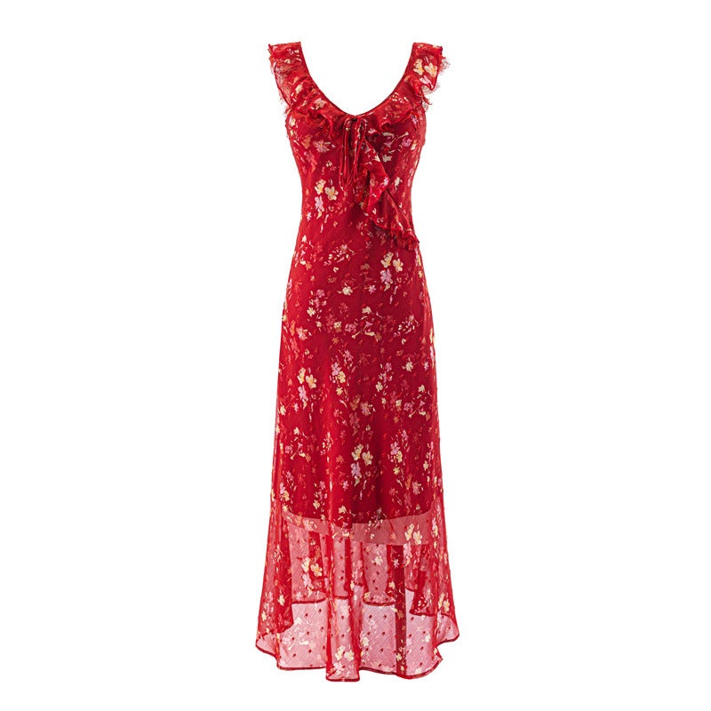 Elegant Floral Print V-Neck Tie Ruffle Long Dress for Women - Image 1