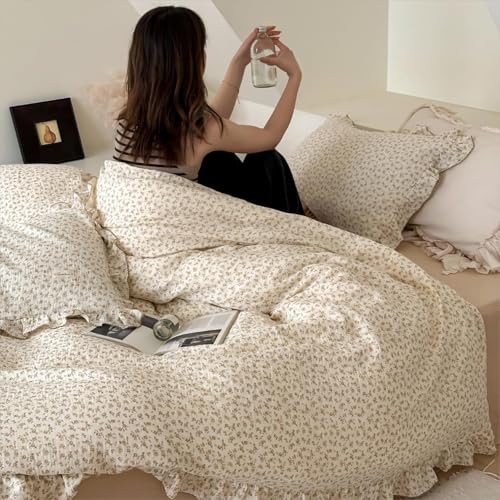 AOJIM Muslin Cotton Kids Duvet Cover with Ruffled Edges for Boys Girls, 1 Piece Soft Pure Cotton Comforter Cover Twin Size 68X86'', Camellia Kids Bedding Duvet Cover for Room Decor, No Quilt/Pillow - Image 1