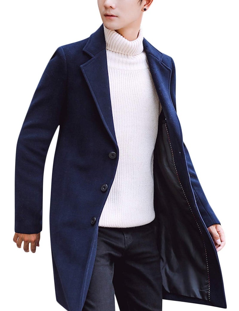 Springrain Mens Wool Blend Pea Coat Notched Collar Single Breasted Overcoat Warm Winter Trench CoatNavyM