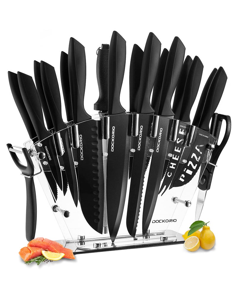 Dockorio Kitchen Knife Set with Block all in one 19 PCS High Carbon Stainless Steel Sharp Serrated Steak Knives Set Chef Knives Bread Knife Scissor Sharpener
