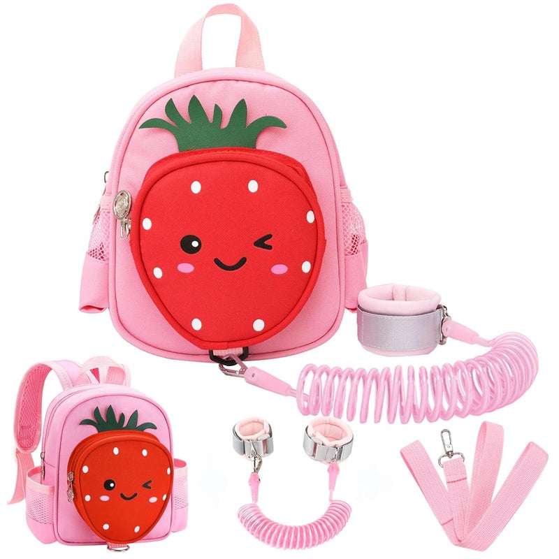 accmor Toddler Backpack with Leash, 4 in 1 Kids Mini Backpacks with Anti Lost Wrist Link, Cute Child Harness Bag Rein for Outdoor, Strawberry Back Pack Rope Tether for Baby Girls Aged 1-3 Years (Pink) - Image 1