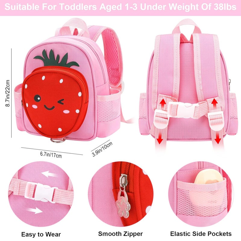 accmor Toddler Backpack with Leash, 4 in 1 Kids Mini Backpacks with Anti Lost Wrist Link, Cute Child Harness Bag Rein for Outdoor, Strawberry Back Pack Rope Tether for Baby Girls Aged 1-3 Years (Pink) - Image 2
