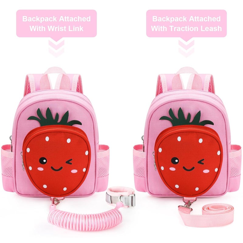 accmor Toddler Backpack with Leash, 4 in 1 Kids Mini Backpacks with Anti Lost Wrist Link, Cute Child Harness Bag Rein for Outdoor, Strawberry Back Pack Rope Tether for Baby Girls Aged 1-3 Years (Pink) - Image 4