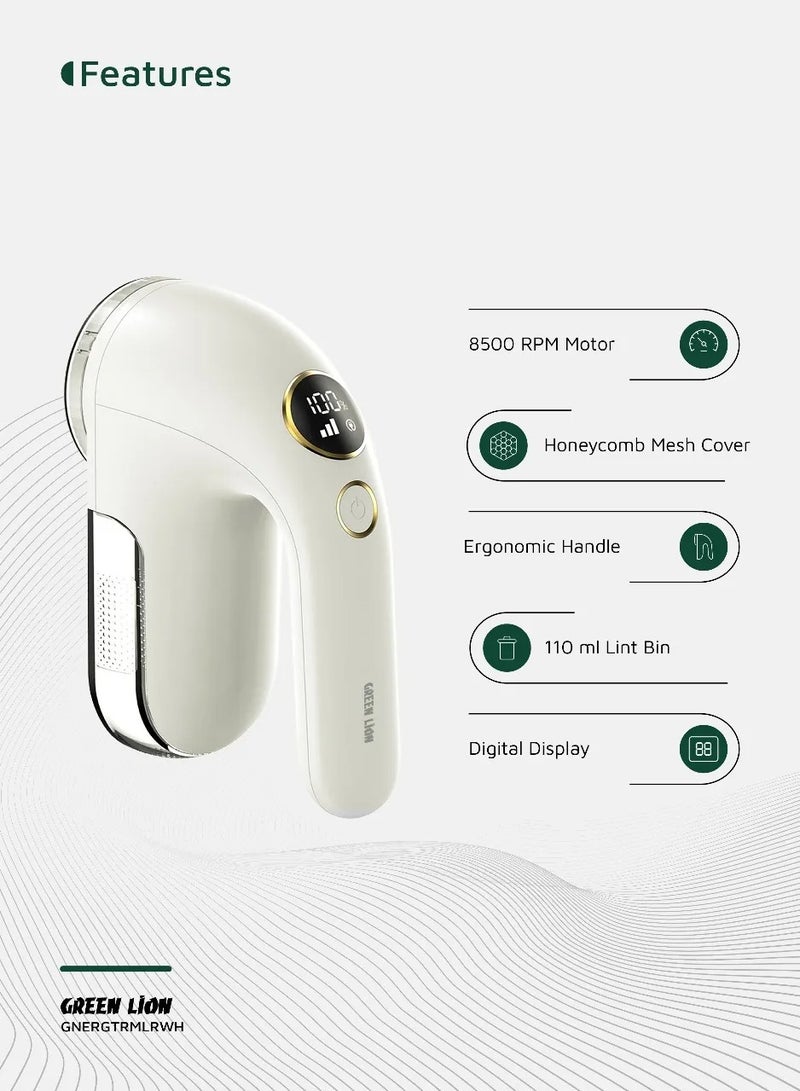 GREEN LION ErgoTrim Digital Fabric Electric Lint Remover with USB Rechargeable & Working Time 3 hrs / Speed Gear 3 Levels / Lint Bin 110 ml / Comfortable Handgrip /Max Range: 8500 RPM - White - Image 2