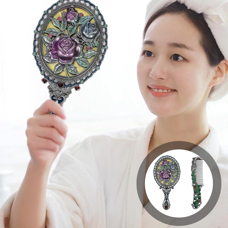 Compact Retro Makeup Mirror Comb Set Antique Zinc Alloy Rose Pattern Handheld Vanity Accessories for Daily Use - Image 4