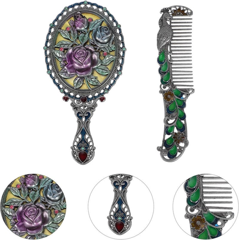 Compact Retro Makeup Mirror Comb Set Antique Zinc Alloy Rose Pattern Handheld Vanity Accessories for Daily Use - Image 5