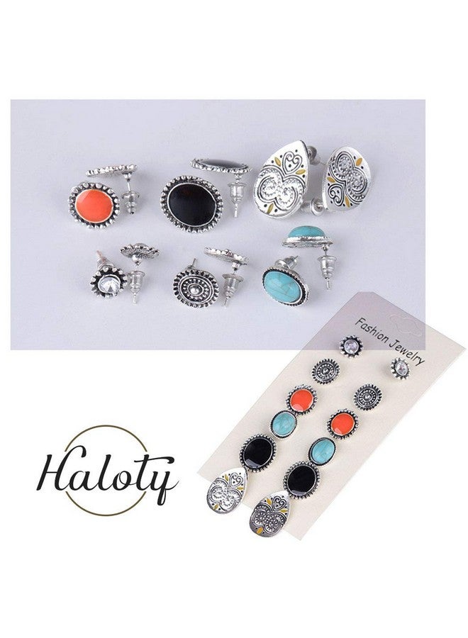 هالوتي مجموعة من 6 أزواج من الأقراط الفيروزية البوهيمية الملونة العتيقة أقراط الهالوين للنساء والفتيات - Image 5