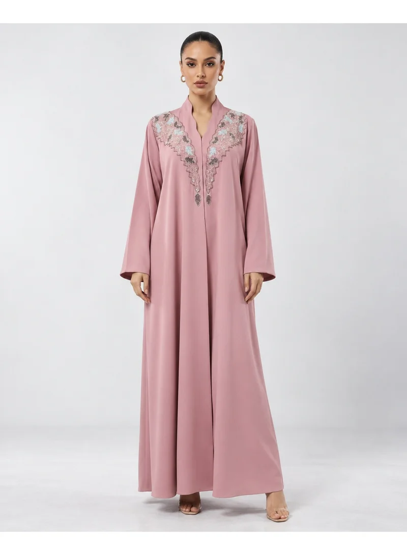 Aara Women's Dusty Pink Embroidered Abaya with Floral Detailing