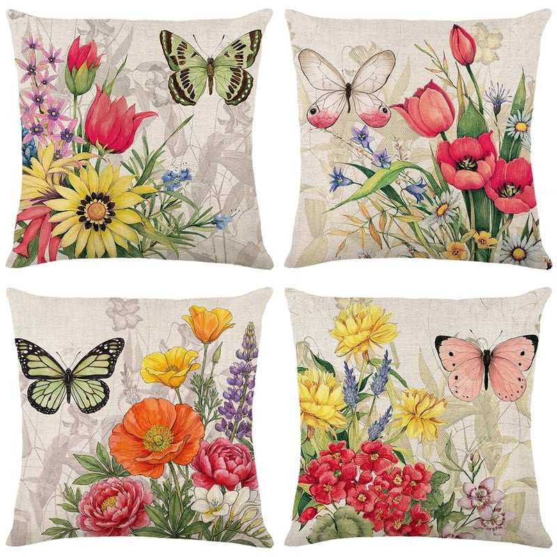 wyooxoo Throw Pillow Covers 18x18 Set of 4 Decorative Spring Pillow Covers Linen Flower Butterfly Farmhouse Pillowcases for Sofa Couch Living Room Outdoor - Image 1