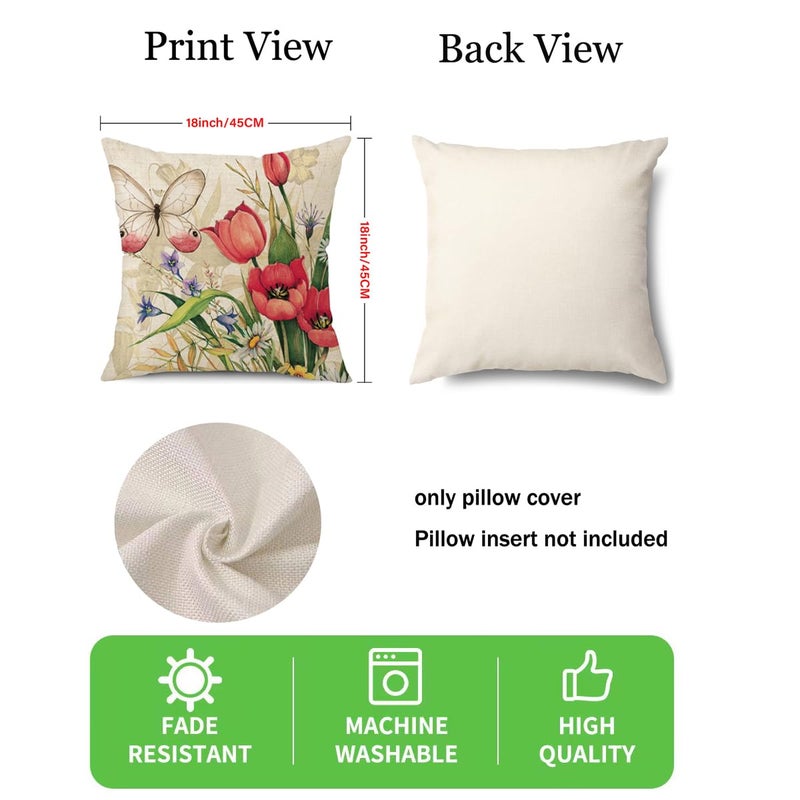 wyooxoo Throw Pillow Covers 18x18 Set of 4 Decorative Spring Pillow Covers Linen Flower Butterfly Farmhouse Pillowcases for Sofa Couch Living Room Outdoor - Image 5