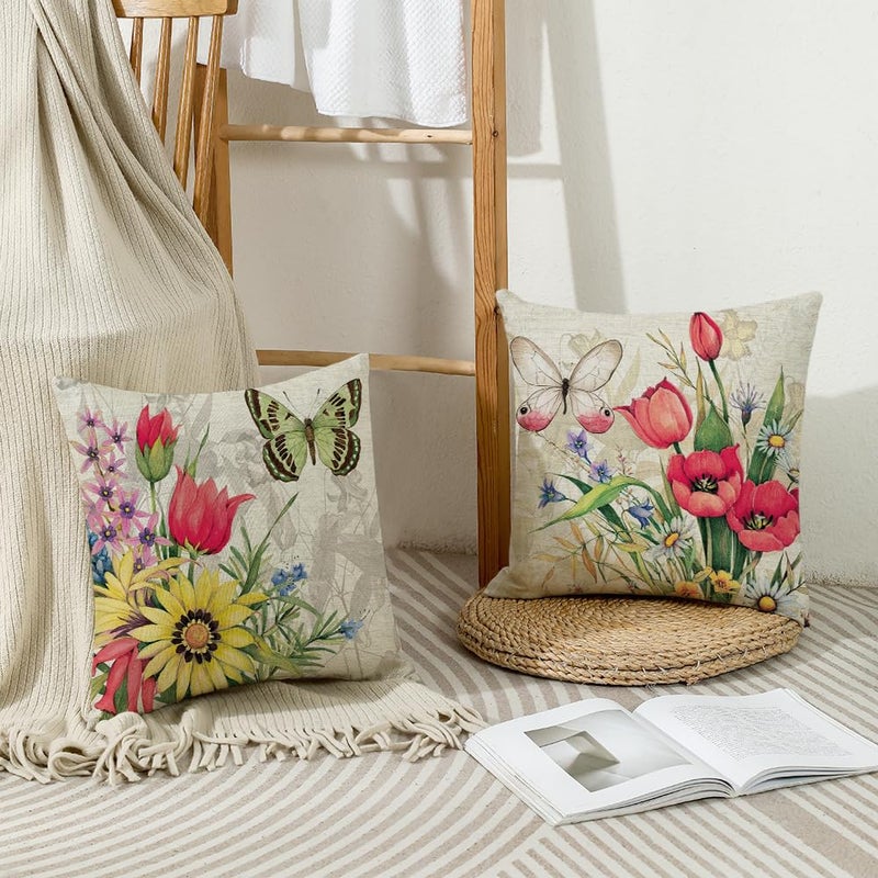 wyooxoo Throw Pillow Covers 18x18 Set of 4 Decorative Spring Pillow Covers Linen Flower Butterfly Farmhouse Pillowcases for Sofa Couch Living Room Outdoor - Image 4