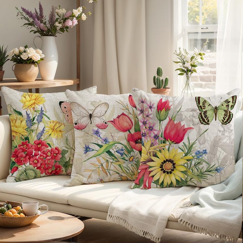 wyooxoo Throw Pillow Covers 18x18 Set of 4 Decorative Spring Pillow Covers Linen Flower Butterfly Farmhouse Pillowcases for Sofa Couch Living Room Outdoor - Image 3