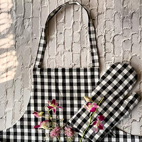 PIXEL HOME DECOR Pixel Home Cotton Apron 100% Cotton Check Kitchen Apron with Front Center Pocket (Apron With Oven Mitt) (Black Checked) - Image 1