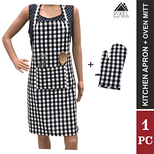 PIXEL HOME DECOR Pixel Home Cotton Apron 100% Cotton Check Kitchen Apron with Front Center Pocket (Apron With Oven Mitt) (Black Checked) - Image 3