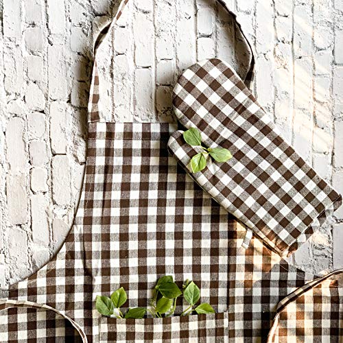 PIXEL HOME DECOR Pixel Home Cotton Apron 100% Cotton Check Kitchen Apron with Front Center Pocket (Apron With Oven Mitt) (Black Checked) - Image 2