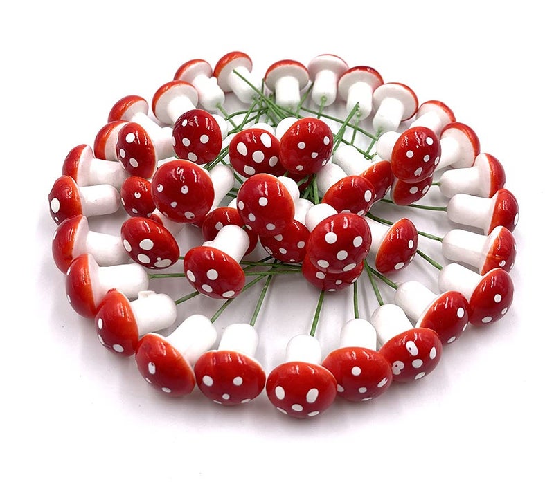 Aliotech 50 Pieces Mini Mushroom Miniatures Artificial Garden Fairy Bonsai Plant Pot Resin Craft Decoration for Home DIY Micro Landscape Decor (Red) - Image 1
