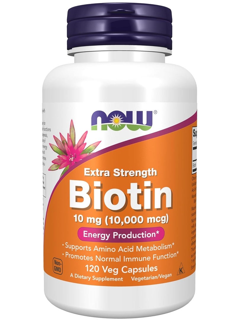 NOW Supplements, Biotin 10 mg (10,000 mcg), Extra Strength, Energy Production, 120 Veg Capsules