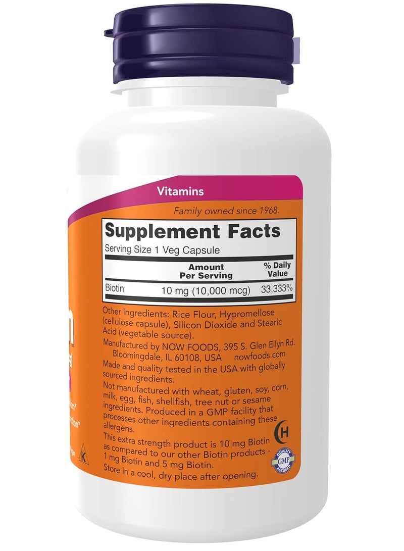 NOW Supplements, Biotin 10 mg (10,000 mcg), Extra Strength, Energy Production, 120 Veg Capsules