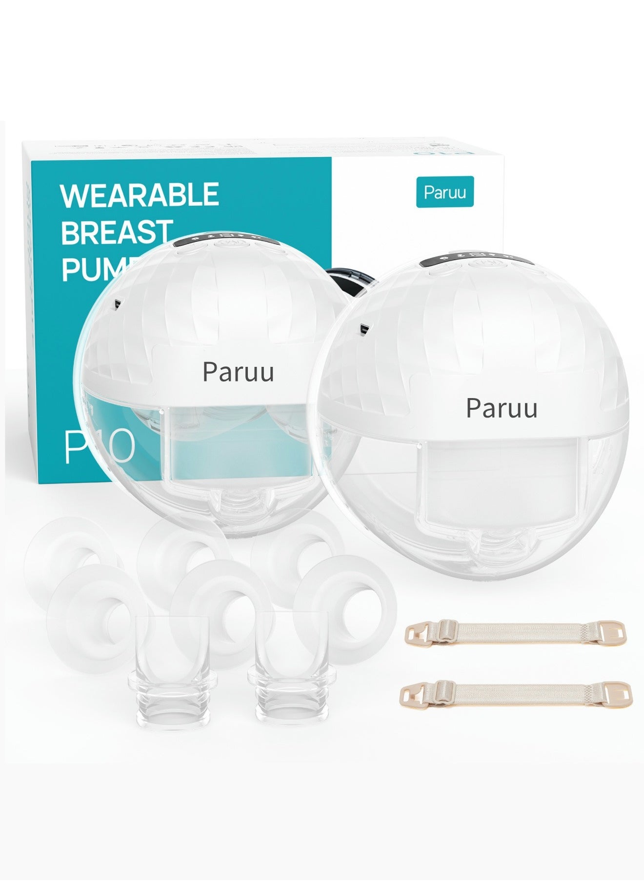 Paruu P10 Hands-Free Breast Pump Wearable, 338mmHg Strong Suction, Low Noise, 4 Modes & 9 Levels, Electric Breast Pump Portable, Smart Display, 19/21/24/28mm Insert Accessories, 2 Pack 