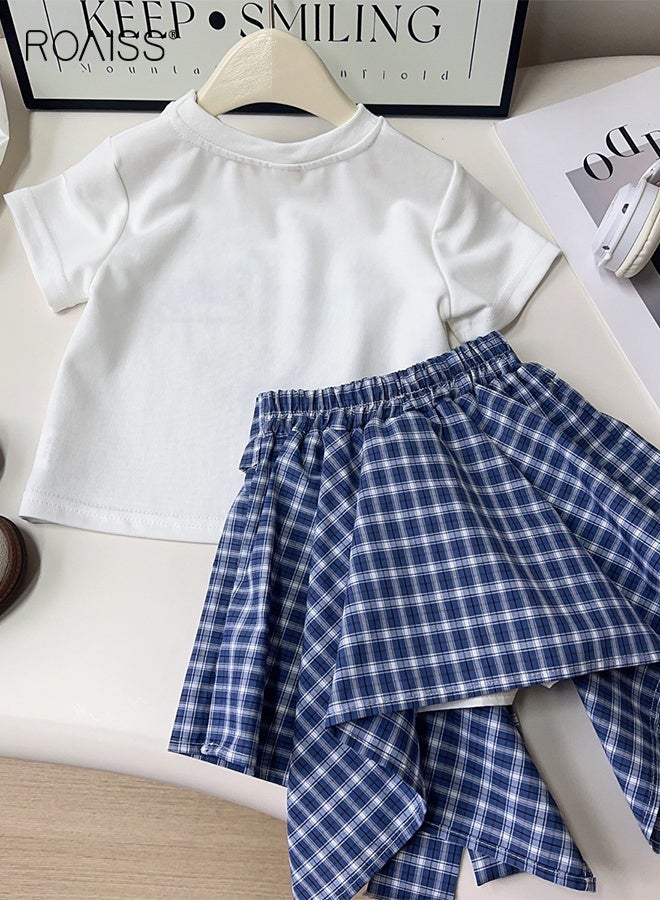 roaiss 2 Piece Comortable Clothing Set for Girls, Toddler Girls T-shirt and Skirt Set, Stylish Summer Outfit with Short Sleeve Top and Plaid Skirt with Lining  - Image 2