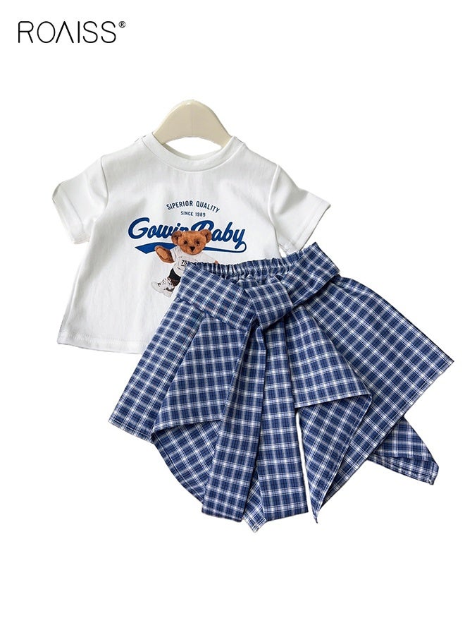 roaiss 2 Piece Comortable Clothing Set for Girls, Toddler Girls T-shirt and Skirt Set, Stylish Summer Outfit with Short Sleeve Top and Plaid Skirt with Lining  - Image 5