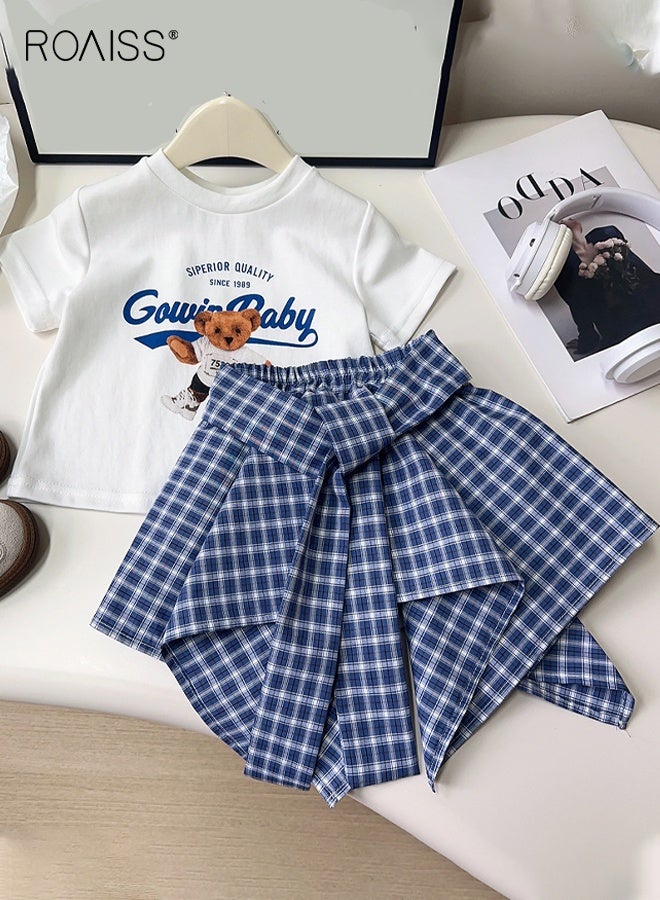 roaiss 2 Piece Comortable Clothing Set for Girls, Toddler Girls T-shirt and Skirt Set, Stylish Summer Outfit with Short Sleeve Top and Plaid Skirt with Lining  - Image 1