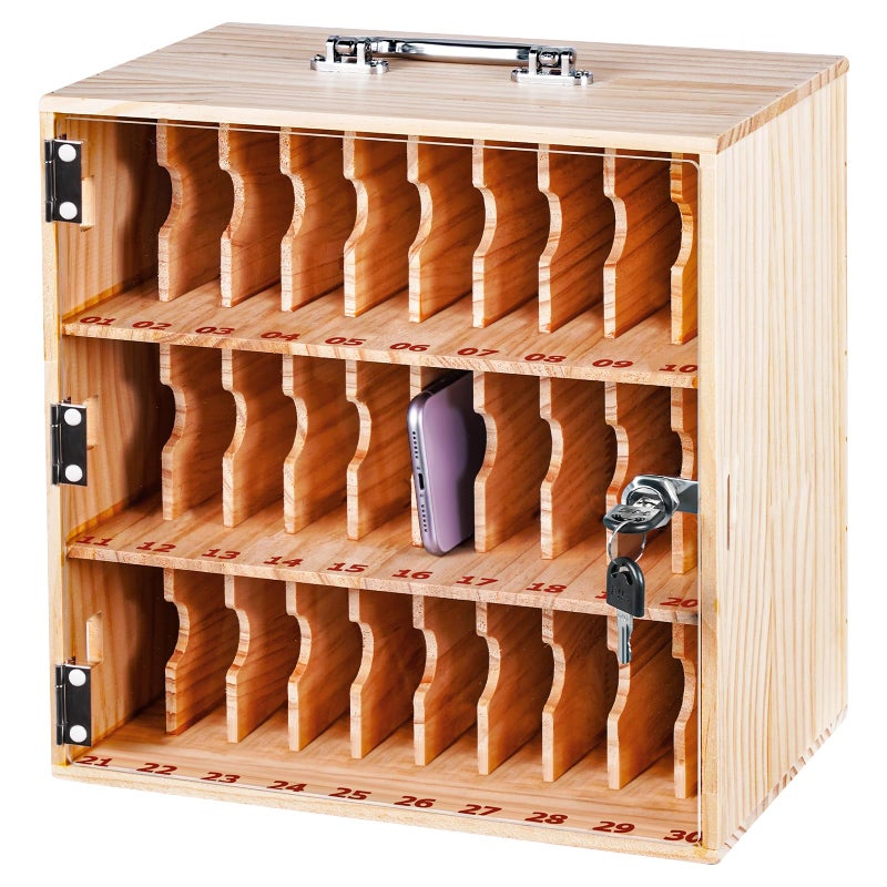 Consfly Wood Cell Phone Locker Box Cell Phone Storage Cabinet 30 Slots Cell Phone Lock Box for Office Classroom with Handle 