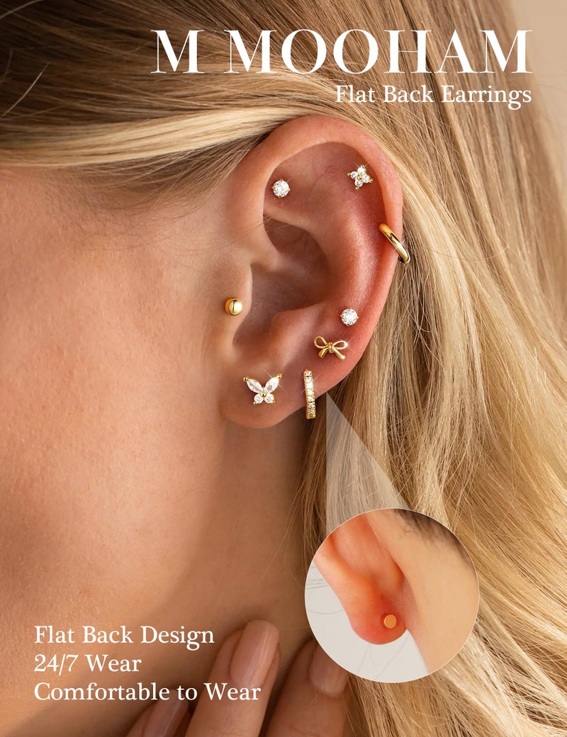 M MOOHAM Flat Back Stud Earrings, Gold Hoop Earrings for Women Hypoallergenic Small Huggie Cartilage Hoop Earring Sets Stacks 14k Gold Plated Surgical Stainless Steel Earring Jewelry Gifts for Women - Image 2