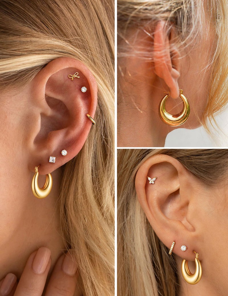 M MOOHAM Flat Back Stud Earrings, Gold Hoop Earrings for Women Hypoallergenic Small Huggie Cartilage Hoop Earring Sets Stacks 14k Gold Plated Surgical Stainless Steel Earring Jewelry Gifts for Women - Image 4