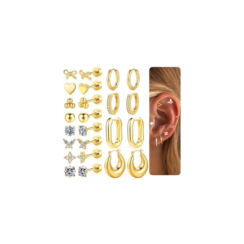 M MOOHAM Flat Back Stud Earrings, Gold Hoop Earrings for Women Hypoallergenic Small Huggie Cartilage Hoop Earring Sets Stacks 14k Gold Plated Surgical Stainless Steel Earring Jewelry Gifts for Women - Image 1
