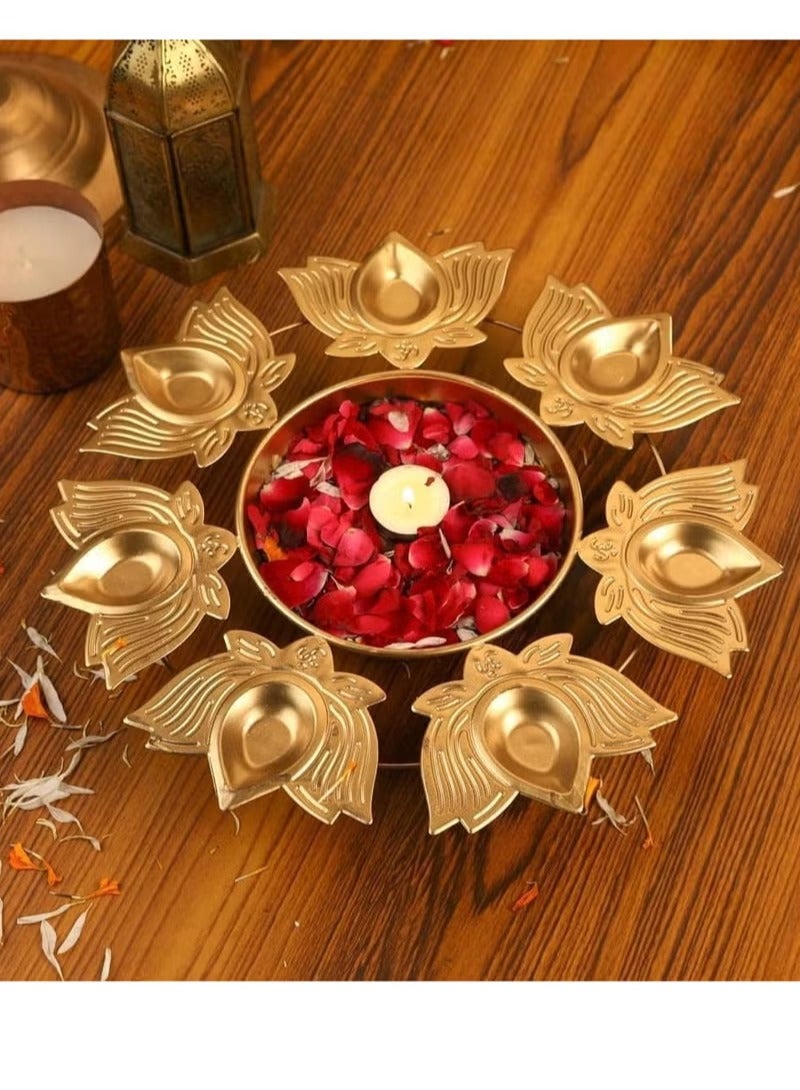 أورلي بتصميم زهرة اللوتس لديوالي، 10 إنش، وعاء أورلي ذهبي مع حوامل ديا بشكل زهرة اللوتس داخل صندوق عرض أسود – طقم شموع احتفالي لديوالي وديكور المنزل - Image 1