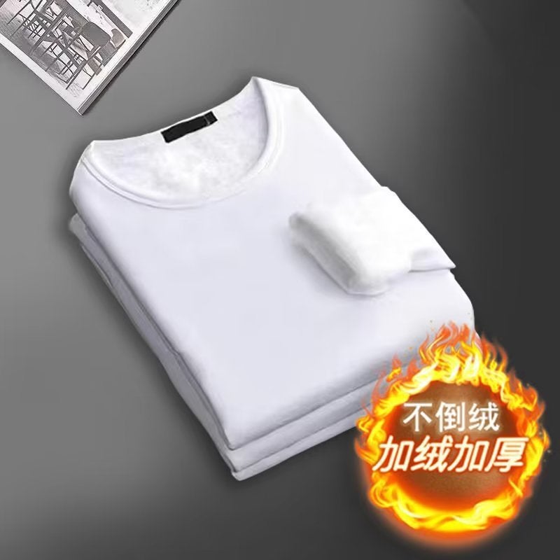 Mens Autumn Clothes Winter Fleece-lined Thickened Thermal Underwear for Youth Can Wear One-piece Top Large Size Foreign Trade Base Shirt White [round neck]] 