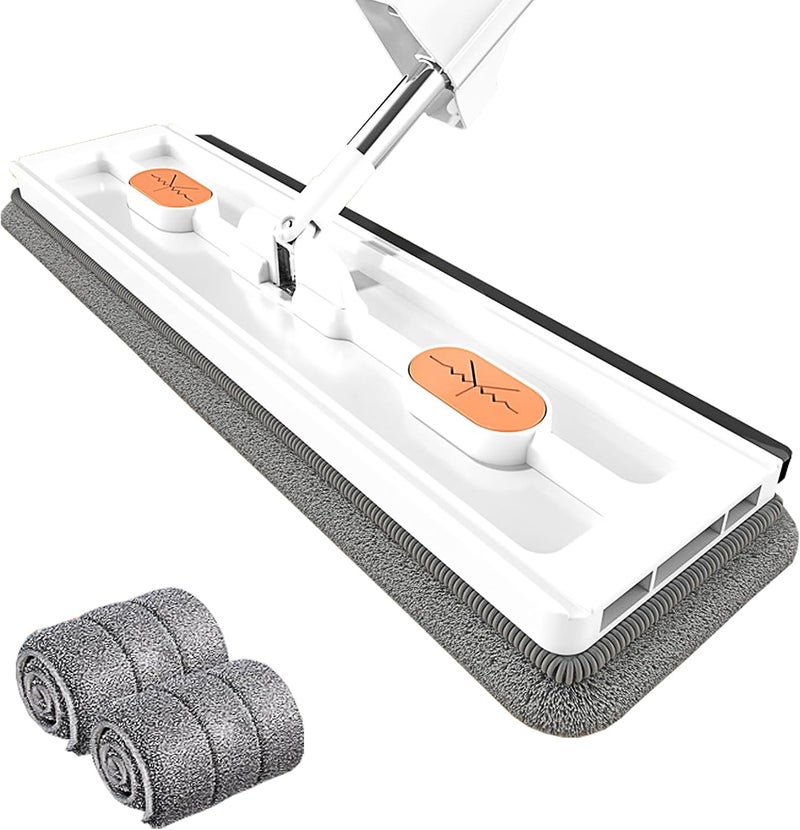 كلاراكو مجموعة ممسحة مسطحة كبيرة مقاس 17×5 بوصة مع 2 وسادة ممسحة، ممسحة تنظيف قابلة للتعديل 360 درجة، ممسحات لتنظيف الأرضيات من الألياف الدقيقة بمقبض طويل من الفولاذ المقاوم للصدأ لأدوات التنظيف المنزلية (أبيض) - Image 1