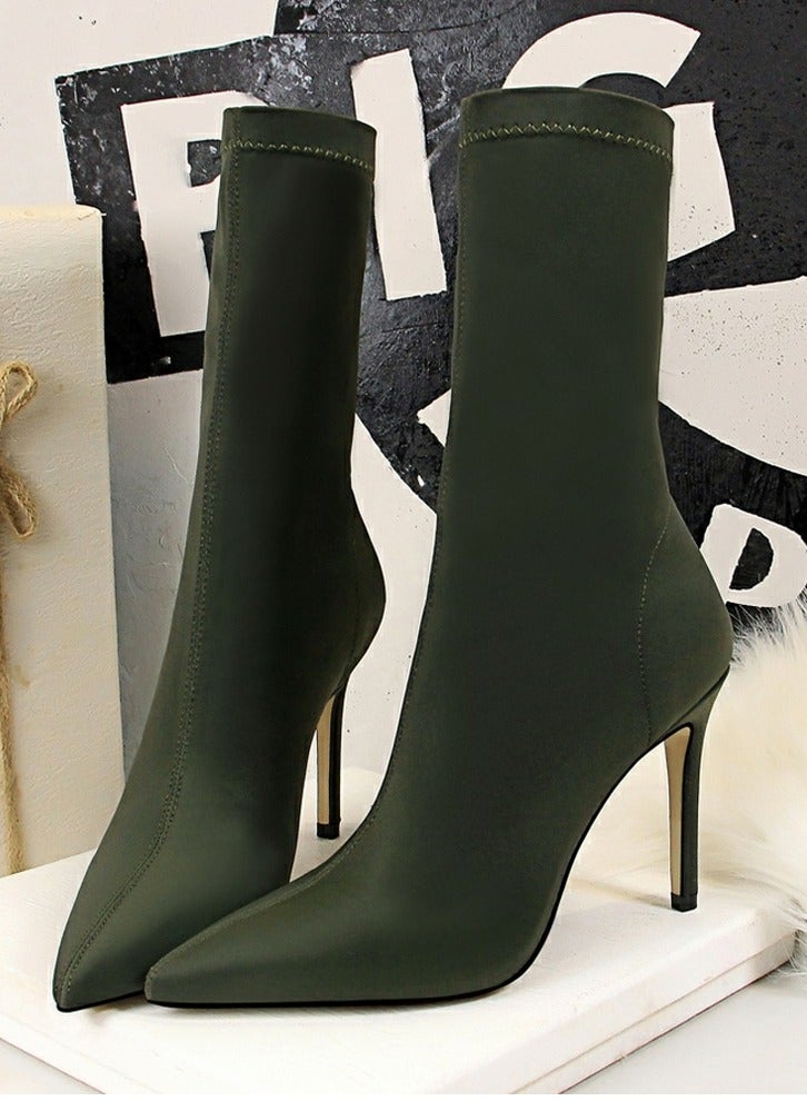 BIGTREE Women's Stretch Pointed Toe Sock Booties  Mid-Calf Ankle Boot 10 CM Stiletto  High Heel Boots Blackish Green  - Image 2