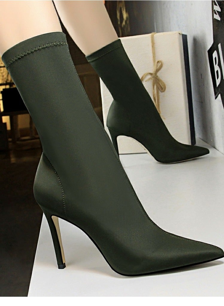 BIGTREE Women's Stretch Pointed Toe Sock Booties  Mid-Calf Ankle Boot 10 CM Stiletto  High Heel Boots Blackish Green  - Image 3