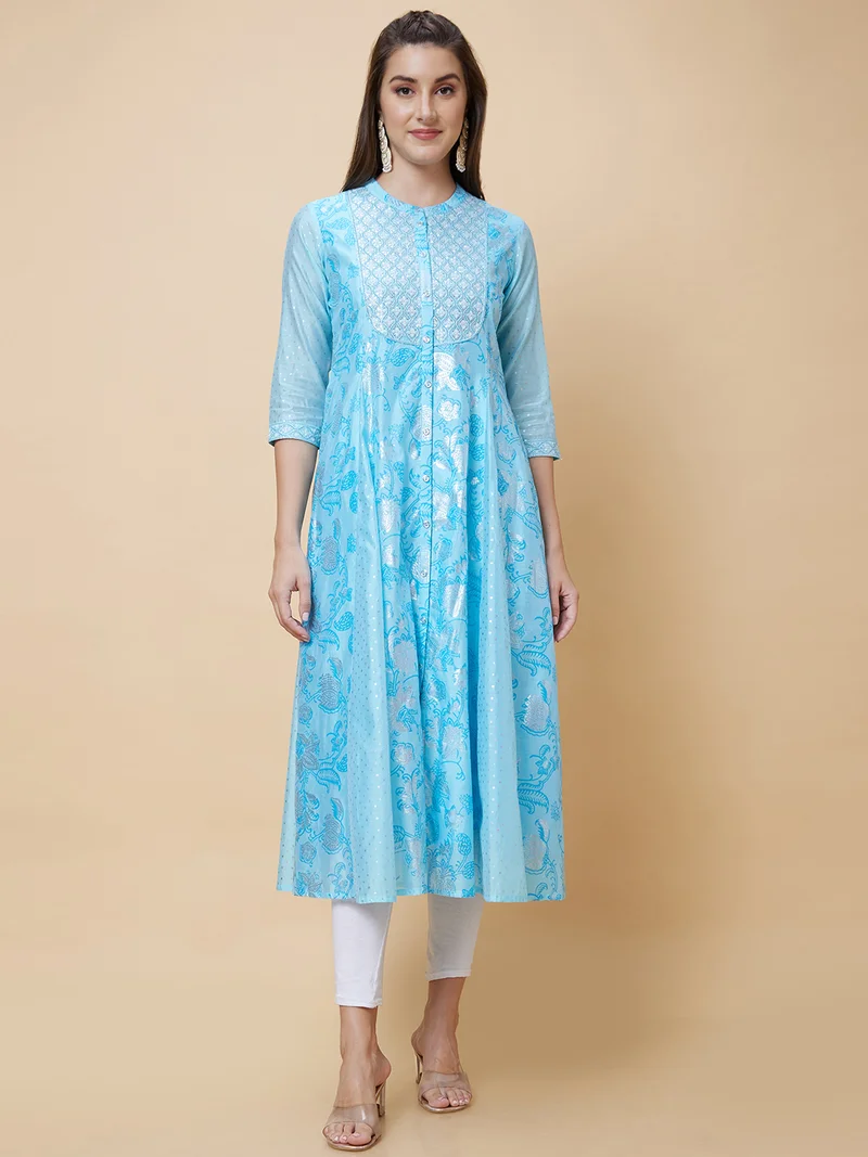 globus Women Floral Embroidered Mandarin Collar Anarkali Kurta