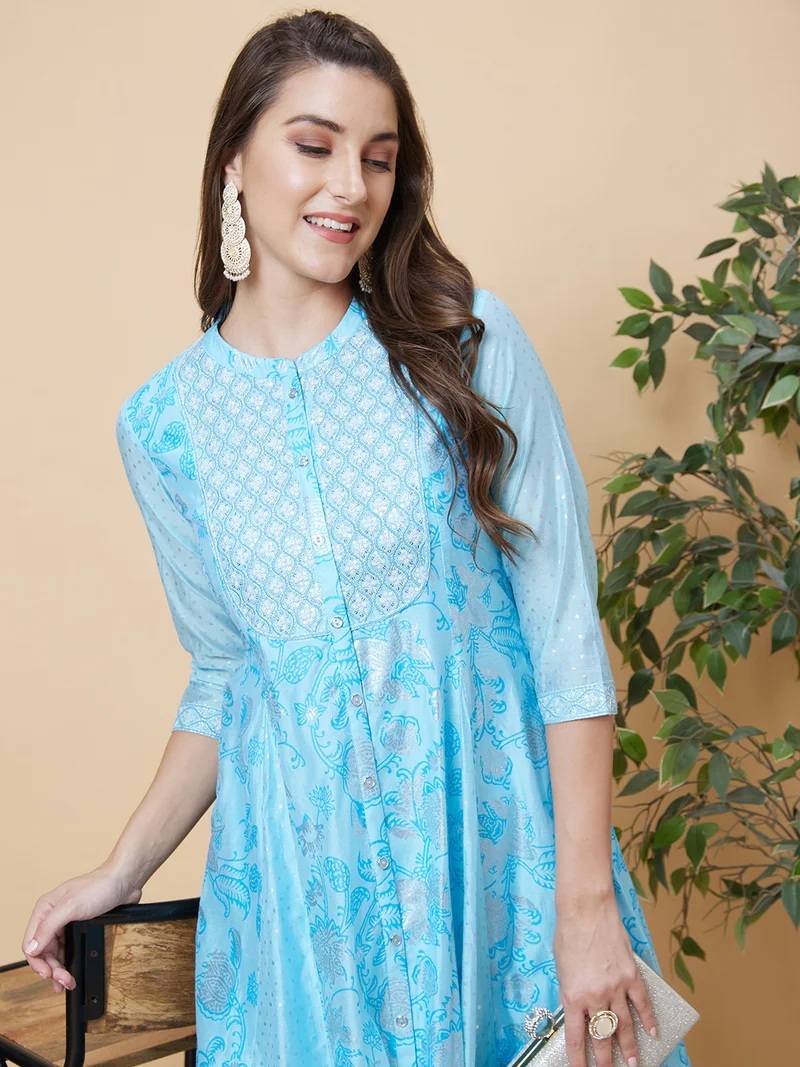 globus Women Floral Embroidered Mandarin Collar Anarkali Kurta