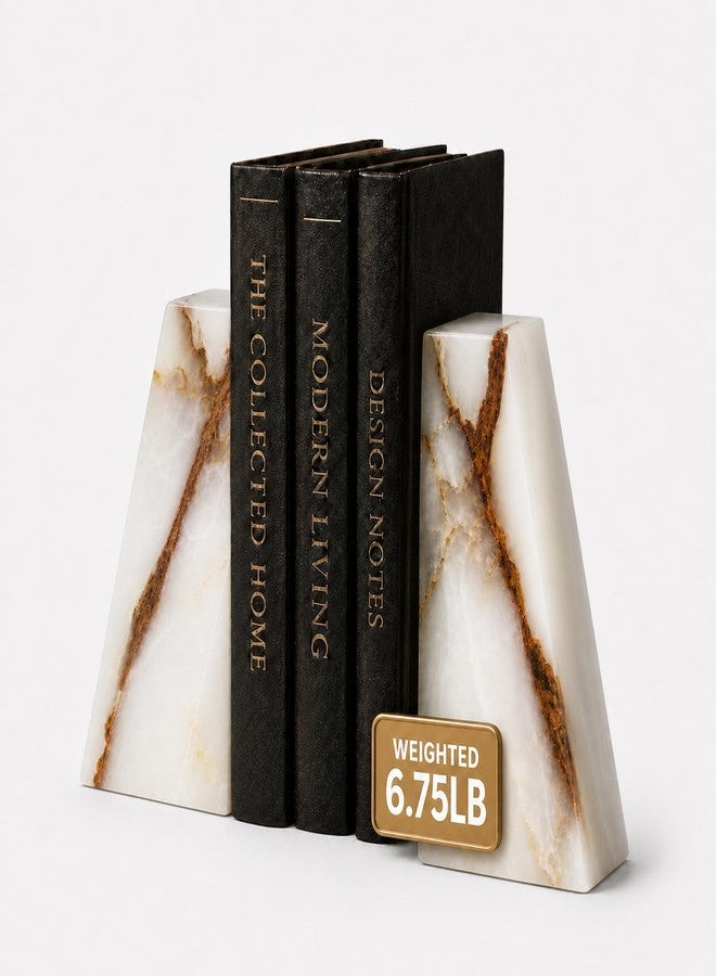Bey-Berk White Triangular Onyx Marble Bookends - Heavy-Duty Wedge Design, Modern Office and Bookshelf Organizer - Image 1