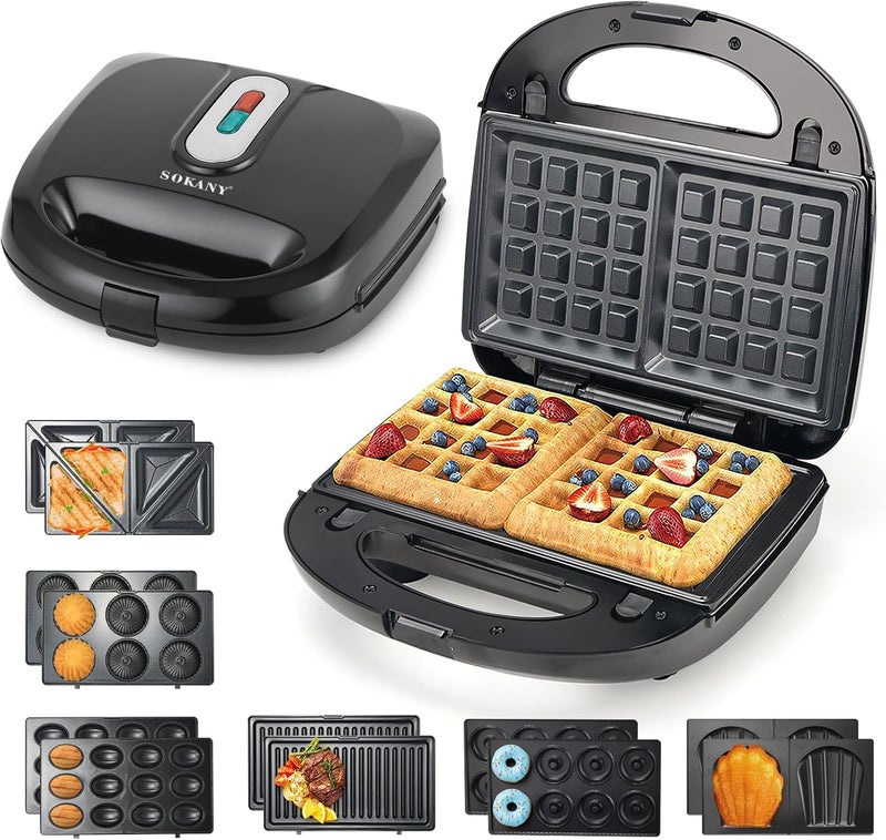 SOKANY Sandwich Maker 750W 7in1 Versatile Interchangeable Grill and DonutsGrill Making Breakfast Food Waffle Plates 2 Slice Non-stick Grill with Handle Locking, Overheat Protection - Image 1