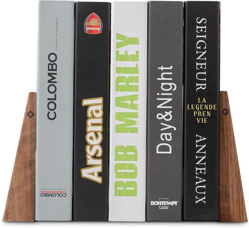 TILISMA Walnut Bookends for Shelves | Wooden Book Ends for Shelves | Sturdy Book Holders, Stoppers with Metal Base for Bookshelves | Slick Decorative Bookends Stands Firmly on Bookshelf (Pair) - Image 5