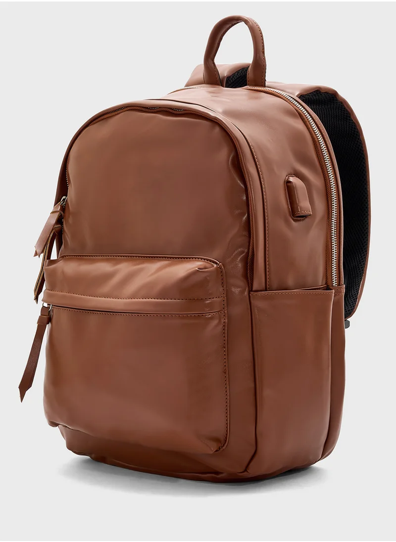 Robert Wood Faux Leather Casual Backpack With Usb Port