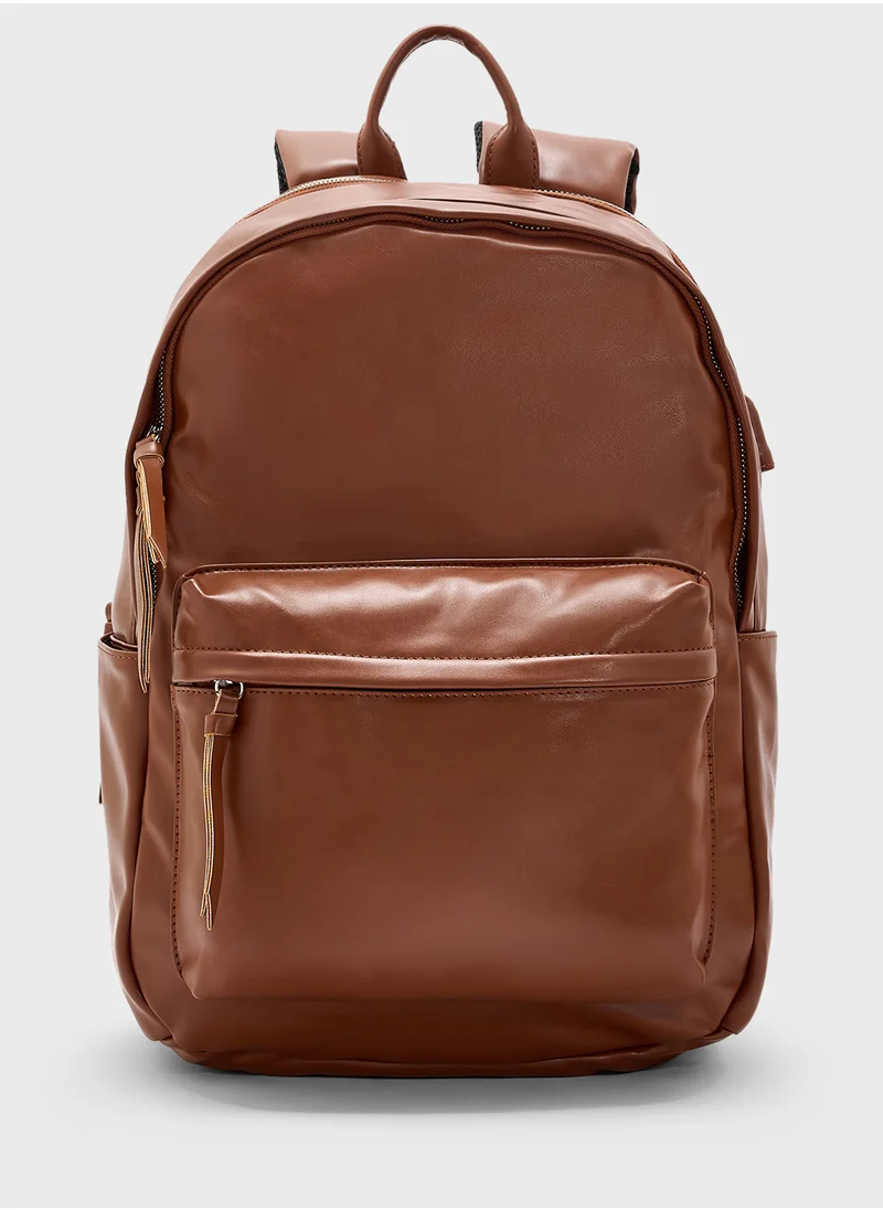 Robert Wood Faux Leather Casual Backpack With Usb Port