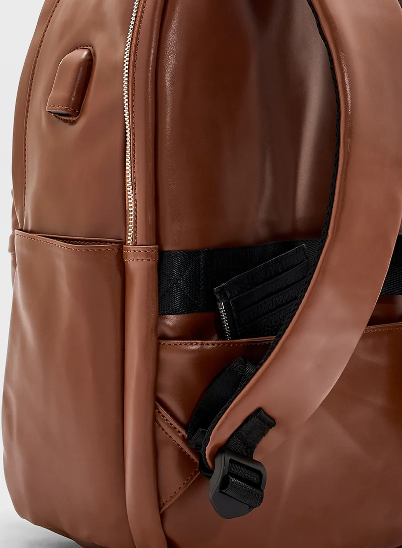 Robert Wood Faux Leather Casual Backpack With Usb Port