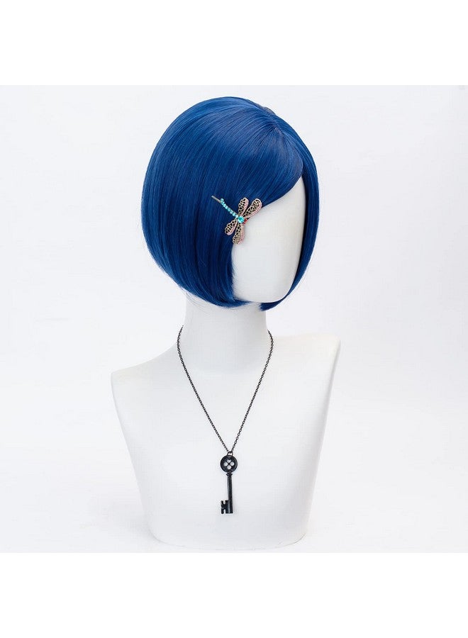 TSNOMORE Dark Blue Bob Cosplay Wig for Women Short Straight Synthetic Wig with Key Necklace and Dragonfly Hairclip, Halloween Costume Party Cosplay Wig for Aldult (A-Dark blue) - Image 2