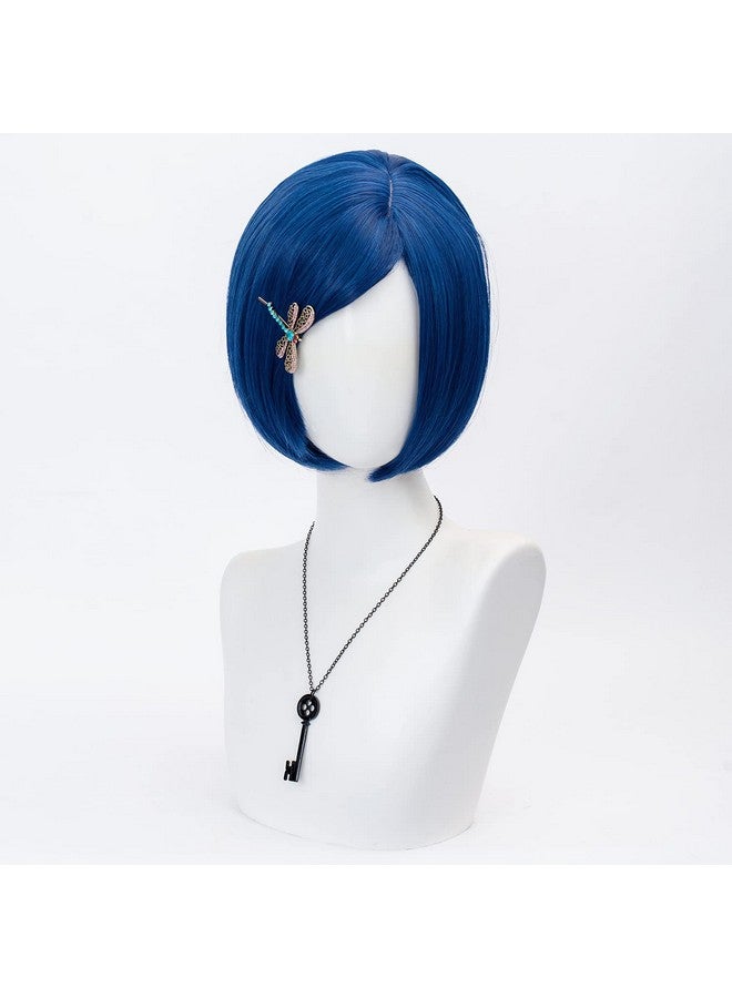 TSNOMORE Dark Blue Bob Cosplay Wig for Women Short Straight Synthetic Wig with Key Necklace and Dragonfly Hairclip, Halloween Costume Party Cosplay Wig for Aldult (A-Dark blue) - Image 4