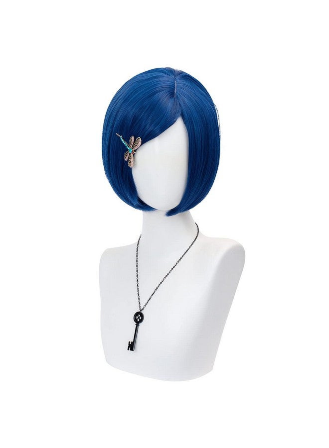 TSNOMORE Dark Blue Bob Cosplay Wig for Women Short Straight Synthetic Wig with Key Necklace and Dragonfly Hairclip, Halloween Costume Party Cosplay Wig for Aldult (A-Dark blue) - Image 1