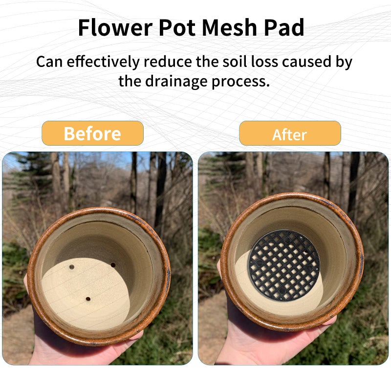 Bivethoi 100pcs Plant Pot Mesh Hole Cover Bonsai Drainage Mesh Insert, Flower Pot Hole Mesh Pad Bottom Grid Mat, Round Mesh Screen Pot Bottom Gasket for Garden Prevent Soil Loss (1.8" / 45mm, Black) - Image 2