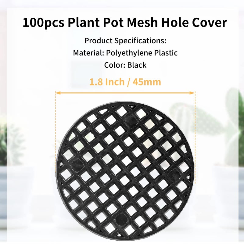 Bivethoi 100pcs Plant Pot Mesh Hole Cover Bonsai Drainage Mesh Insert, Flower Pot Hole Mesh Pad Bottom Grid Mat, Round Mesh Screen Pot Bottom Gasket for Garden Prevent Soil Loss (1.8" / 45mm, Black) - Image 5